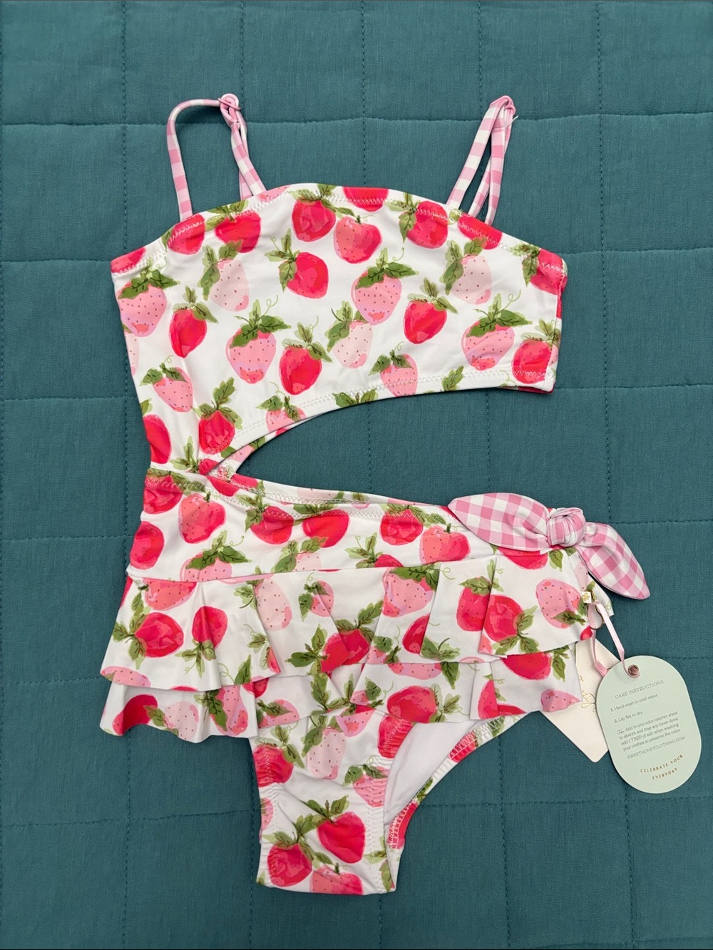 SweetHoney Pink & White Strawberry Print One-Piece with Cutout and Ruffle Skirt